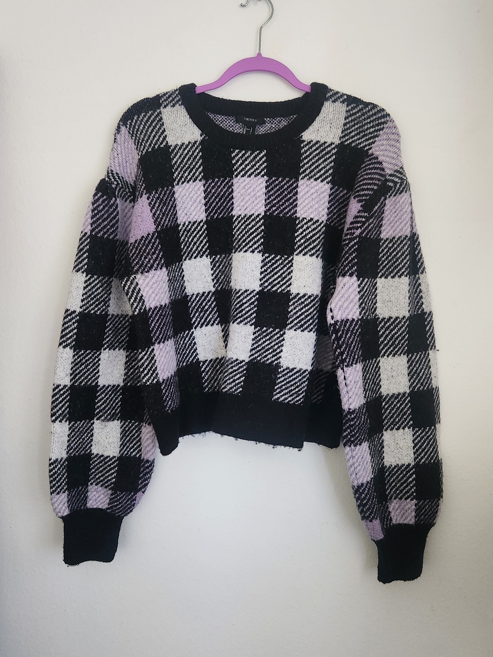 Forever 21 Black, White & Lavender Check Crewneck Sweater